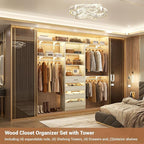 Aheaplus Closet System with Drawers, Wood Closet Organizer System with 4 Hanging Rods & Top Shelves, Walk-in Closets Organizer Wardrobe Clothes Rack, Cut Fits Spaces 4-9FT. Wide, White Oak