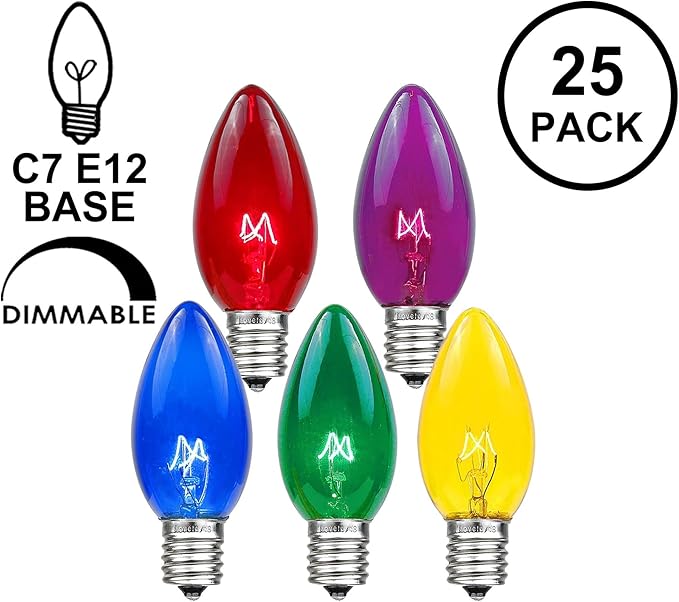 Novelty Lights Incandescent Replacement Bulbs - Outdoor Individual Bulbs for Events, Holiday Parties, Patios, and More - C7/E12 Candelabra Base, 5 Watt Lights (Multicolor, 25 Pack)