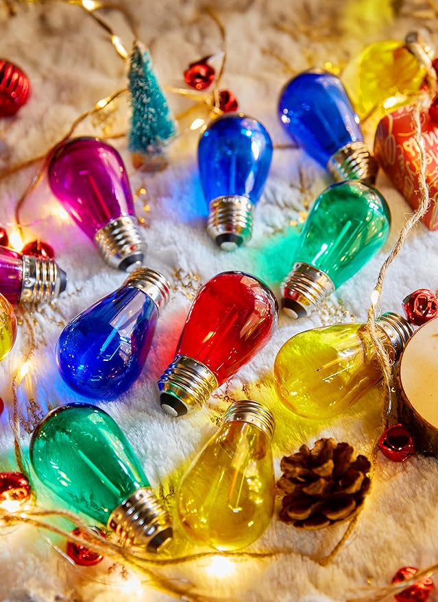 Minetom 20 Pack Multicolor S14 LED Christmas Replacement Light Bulbs, UL Listed, 1 Watt E26 Medium Base Plastic Shatterproof LED Edison Bulbs, Easily Screw in Strings Spools Strands