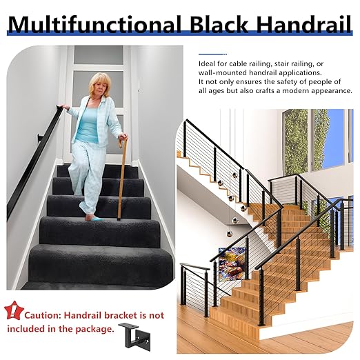 2Pack 8FT T304 Stainless Steel Handrails Black with Extension Connectors End Cap Kits for Cable Railing System Posts Kit, Cuttable Rectangular Handrails Flat Top Rail (Flexible DIY)