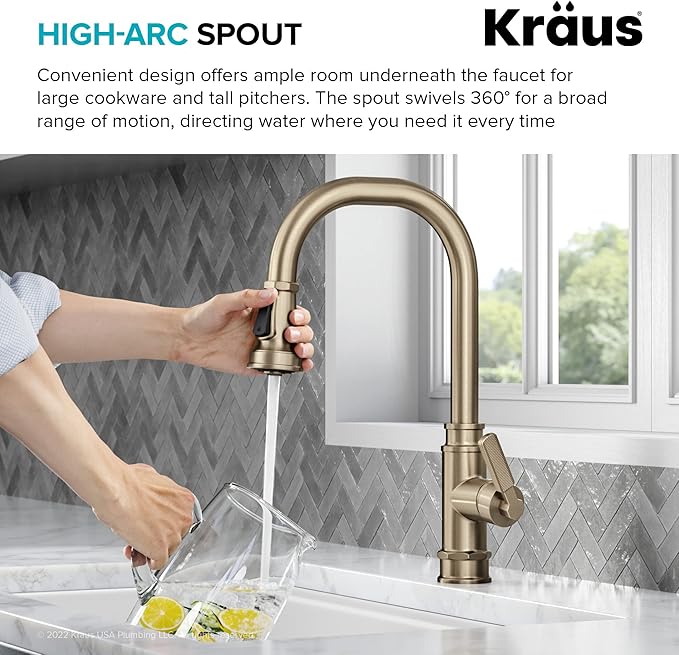 KRAUS Allyn Transitional Industrial Pull-Down Single Handle Kitchen Faucet in Spot-Free Antique Champagne Bronze, KPF-4101SFACB