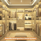 Unikito 75” Closet System with Drawers, 6.2FT Wood Closets Organizer with Hanging Rods and Mirror, Reversible Large Walk in Closet Wardrobe Garment Rack with Shoe Shelves, White Oak