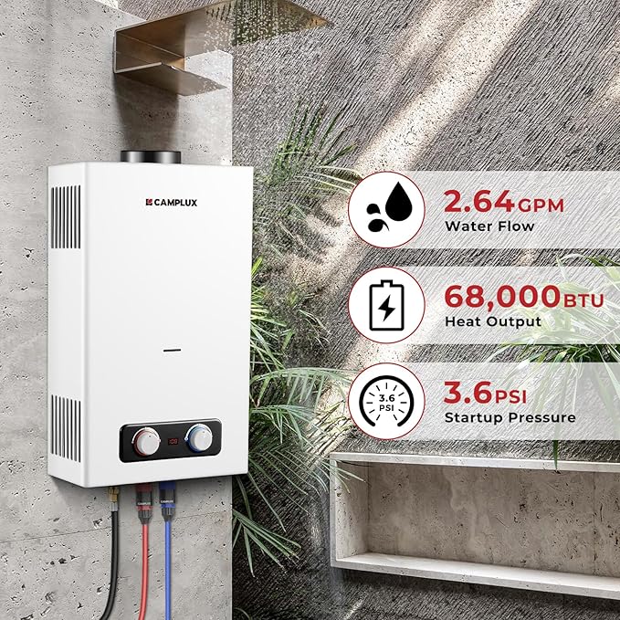 CAMPLUX 2.64 GPM Tankless Propane Water Heater, Portable Water Heater Outdoor with Overheating Protection, for Camping, Cabins, Barns, Easy Installation, 68,000 BTU, BD264