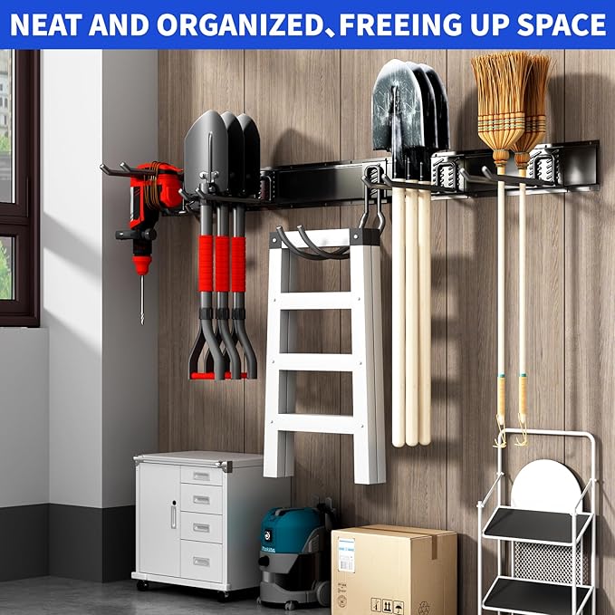 Shed Tool Organizer Wall Mount, 64inch Heavy Duty Garden Tool organizer Storage System, Easy Install With 10 Adjustable Hooks, For Garage, Basement, Shed, Workshop(Black)