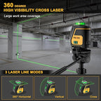 PREXISO 360 Laser Level with Tripod - IP54 Rechargeable Wide Angle Vertical Line Laser, 100Ft Green 3 Brightness Adjustment Self Leveling Cross Line for Construction, Floor Tile, Renovation