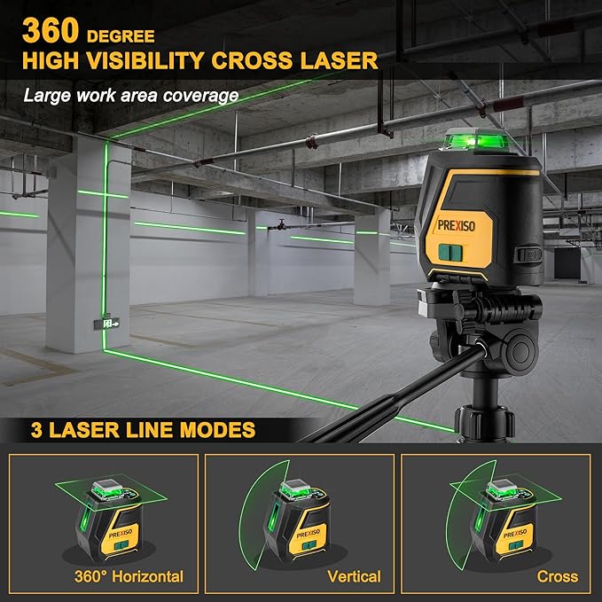 PREXISO 360 Laser Level with Tripod - IP54 Rechargeable Wide Angle Vertical Line Laser, 100Ft Green 3 Brightness Adjustment Self Leveling Cross Line for Construction, Floor Tile, Renovation