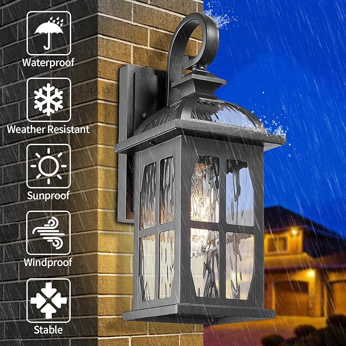 Darkaway Outdoor Wall Light Exterior Light Fixture with Water Ripple Glass, Aluminum Outside Lights Sconces Exterior Lighting for House Porch Patio Doorway Garage