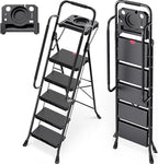 KINGRACK 5 Step Ladder, Folding Step Stool for Adult with Tool Platform, Handrails, Wide Anti-Slip Pedals, Pass 800lbs Load Testing， Portable Safety Step Stool for Home, Kitchen, Black