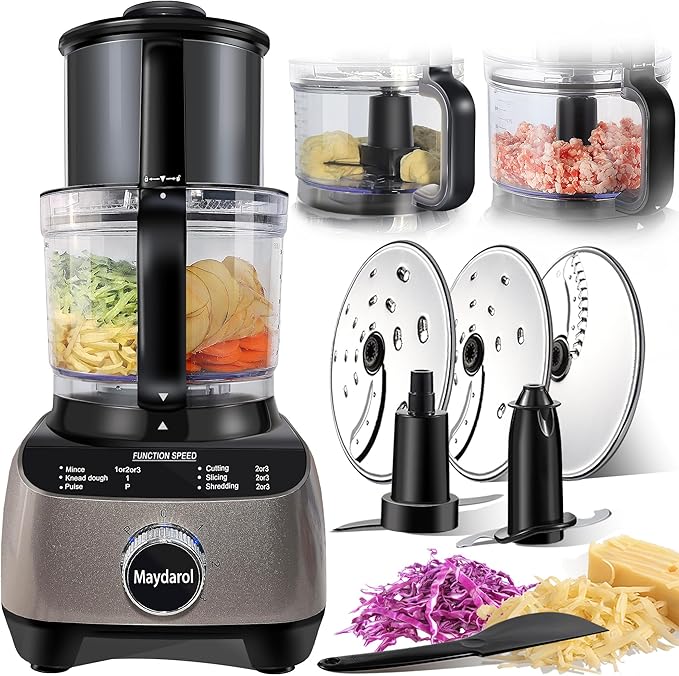14 Cup Food Processor, French-Fry-Cutter, Blending, Mixing, Shredding, and Slicing, Meat and Vegetable Chopping, Doughing for Home Use, Mincing, and Pureeing,4 Speeds,600W