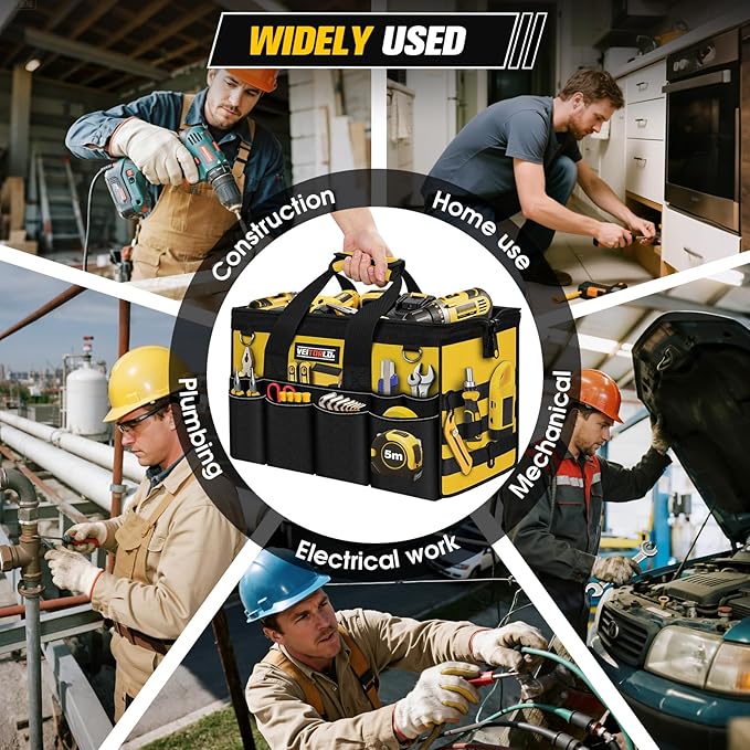 16-Inch Heavy Duty Tool Bag, 19-Pockets Tool Box Organizer, Portable Toolbag W/Soft Handle, Organized Storage, Mechanic Gifts for Men Dad Husband Him Christmas, Wide Mouth Toolbox Organization, Yellow