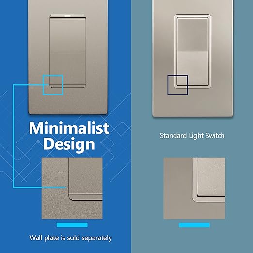 LIDER Minimalist Design Matte Finish Lighted Decorator Switch, Frameless Paddle Light Switch with Locator Light, Grounding Screw, 15A 125V, UL Listed, LS15-1P-NK, Nickel