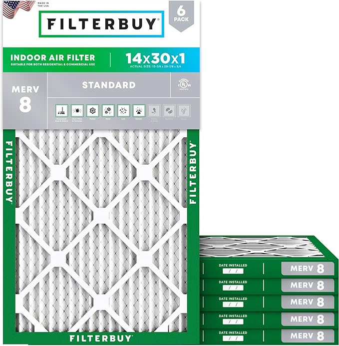 Filterbuy 14x30x1 Air Filter MERV 8 (MPR 700) Dust Defense Replacement (6-Pack), Electrostatic Pleated HVAC AC Furnace Filters, Made in USA (Actual Size: 13.88 x 29.88 x 0.75)
