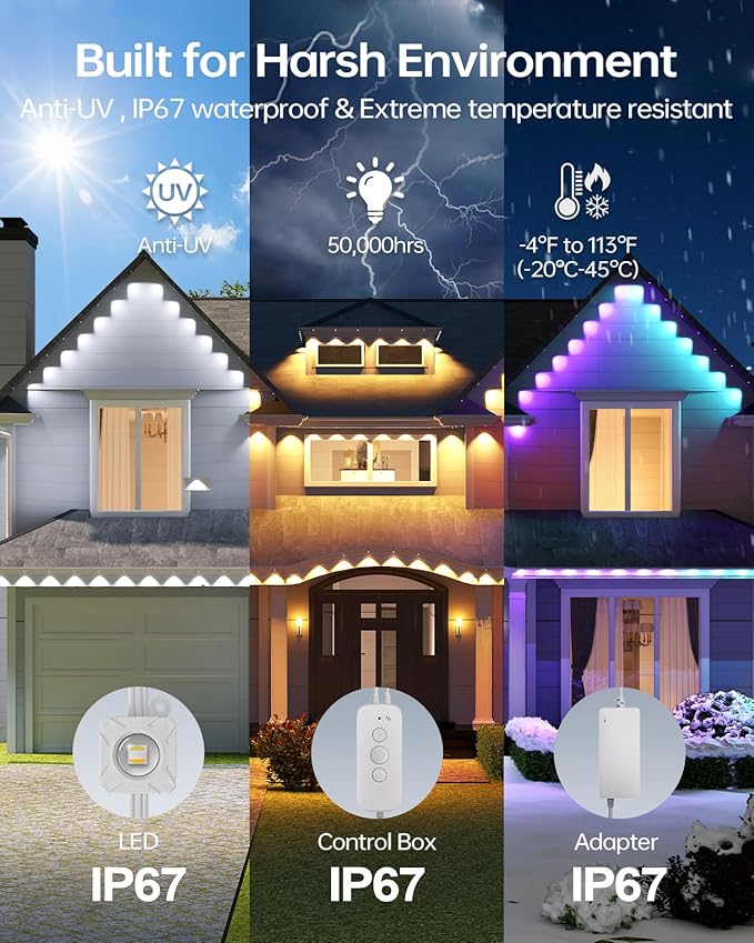 ASAHOM Permanent Outdoor Lights Pro S108F, 400FT with 288 RGBCW LEDs, WLED Integration, AI Lighting, 30000 Lighting Effect Combinations, IP67 Waterproof for Halloween Christmas Daily Decor, White