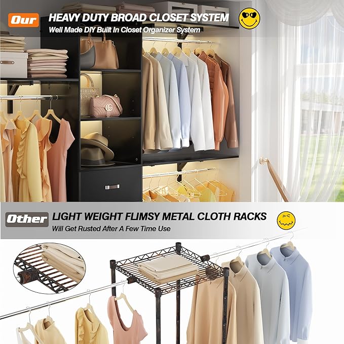 8FT Closet System, 96'' Closet Organizer System with 3 Hanging Rods, Wall Mount Bedroom Wardrobe with 3 Drawers Walk-in Closet, Adjustable Cloth Garment Rack from 5 to 8FT (Cut to Fit), Black