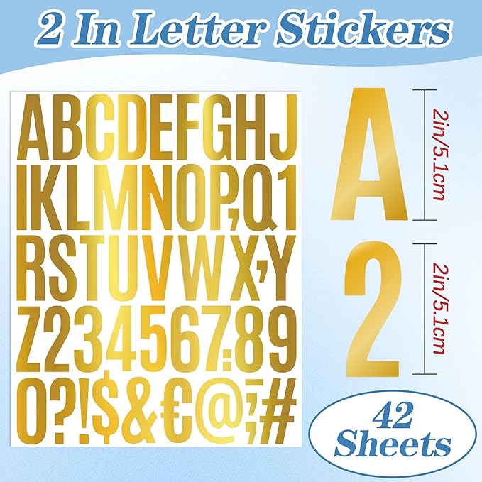 2142 PCS 42 Sheets Letter Stickers Mailbox Numbers and Letters Self Adhesive Vinyl Waterproof Alphabet Number Stickers for Mailbox Address,Craft,Water Bottles, Sign, Door, Home Decor (2 Inch,Gold)