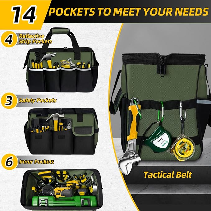 Tool Bag, Portable Tool Box Organizer Adjustable Shoulder Strap, Carry Tool Tote Heavy Duty Tool Storage Bag With Wide Mouth,Tool Bags for Men Mechanic EngineerGift - L, Army Green & Black