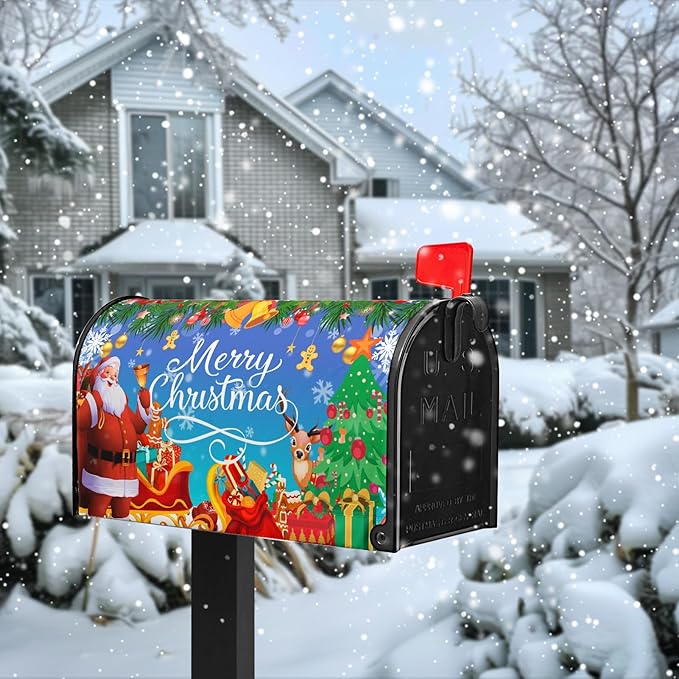 Christmas Mailbox Covers Magnetic Large Size Santa Mailbox Post Cover Winter Snowflake Extra Deer Holiday Letter Box Wraps Oversized Decor Waterproof 25.5X21 Inch