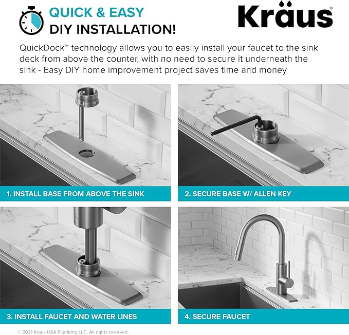 KRAUS Oletto Single Handle Pull Down Kitchen Faucet with QuickDock Top Mount Installation Assembly in Spot-Free Brushed Brass, KPF-2620BB