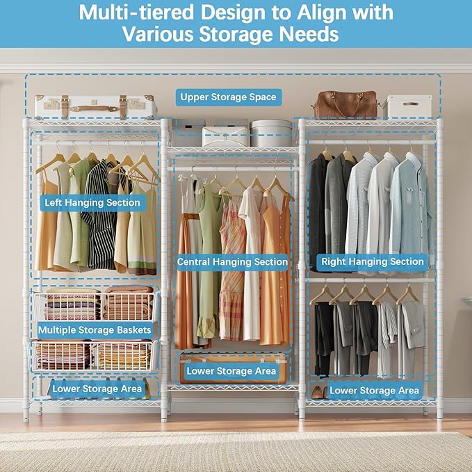 VIPEK V10 Wire Garment Rack 5-Tiers Heavy Duty Clothes Rack Large Size Clothing Rack with 4 Hanging Rods, 6 Wire Shelves and 2 Slid Baskets, 68.9" W x 15.7" D x 76.4" H, Max Load 920 LBS, White