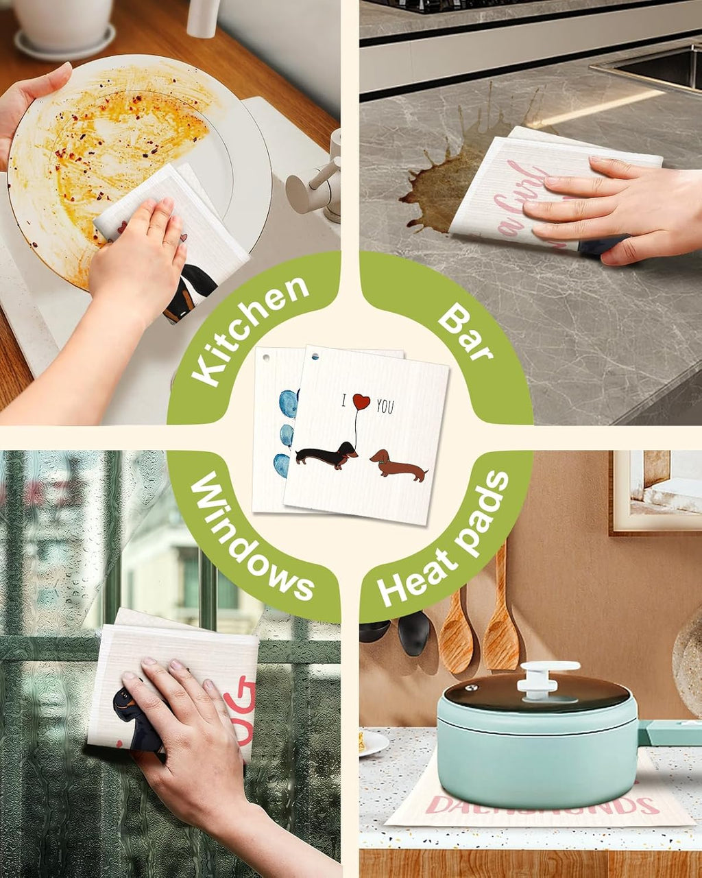 6 Pack Swedish Dishcloths for Kitchen - Reusable Dish Cloths for Washing Dishes Absorbent Cute Funny Kitchen Towels Cleaning Sponge, Love Dachshund