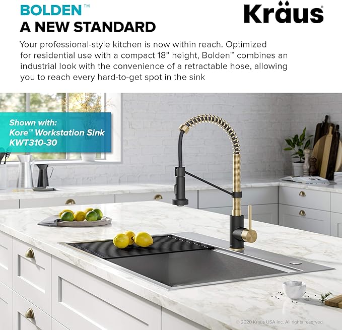 KRAUS Bolden Commercial Style 2-Function Single Handle Pull Down Kitchen Faucet in Spot-Free Antique Champagne Bronze/Matte Black, KPF-1610SFACBMB