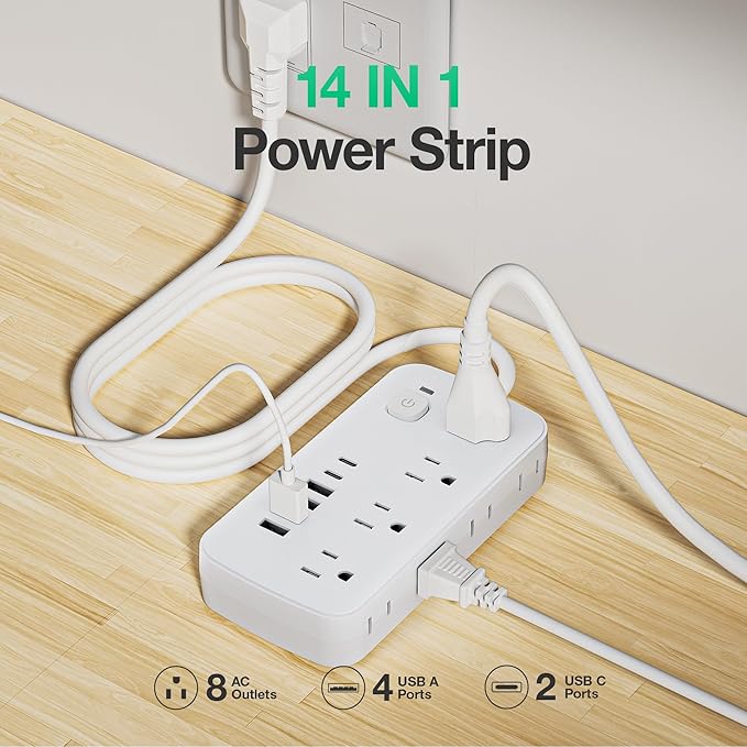 Surge Protector Power Strip - 8 AC Outlets & 6 USB Ports (4A/2C), 1080J Extension Cord with Multiple Outlets, 2-Sided Outlet Extender, 5FT Extension Cord, Wall Mount for Travel, Dorm Room