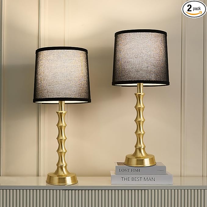Set of 2 Gold Table Lamps, 24" Electroplated Gold Bamboo Base with White Linen Shade, Modern Nightstand Lamps for Bedroom, Living Room, Guest Room Decor