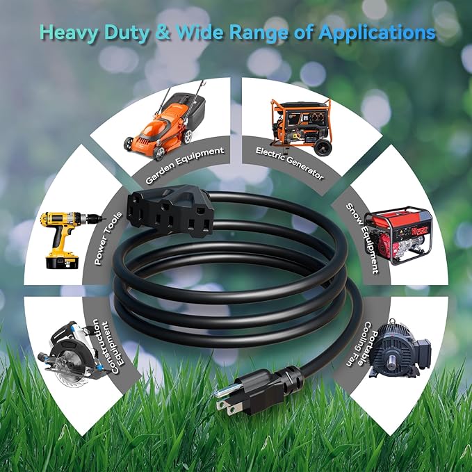 K KASONIC - 10 Ft Extension Cord with 3 Outlets, UL Listed 16/3 SJTW 3-Wire Grounded, 13A 125V 1625W for Indoor/Outdoor Use - Black