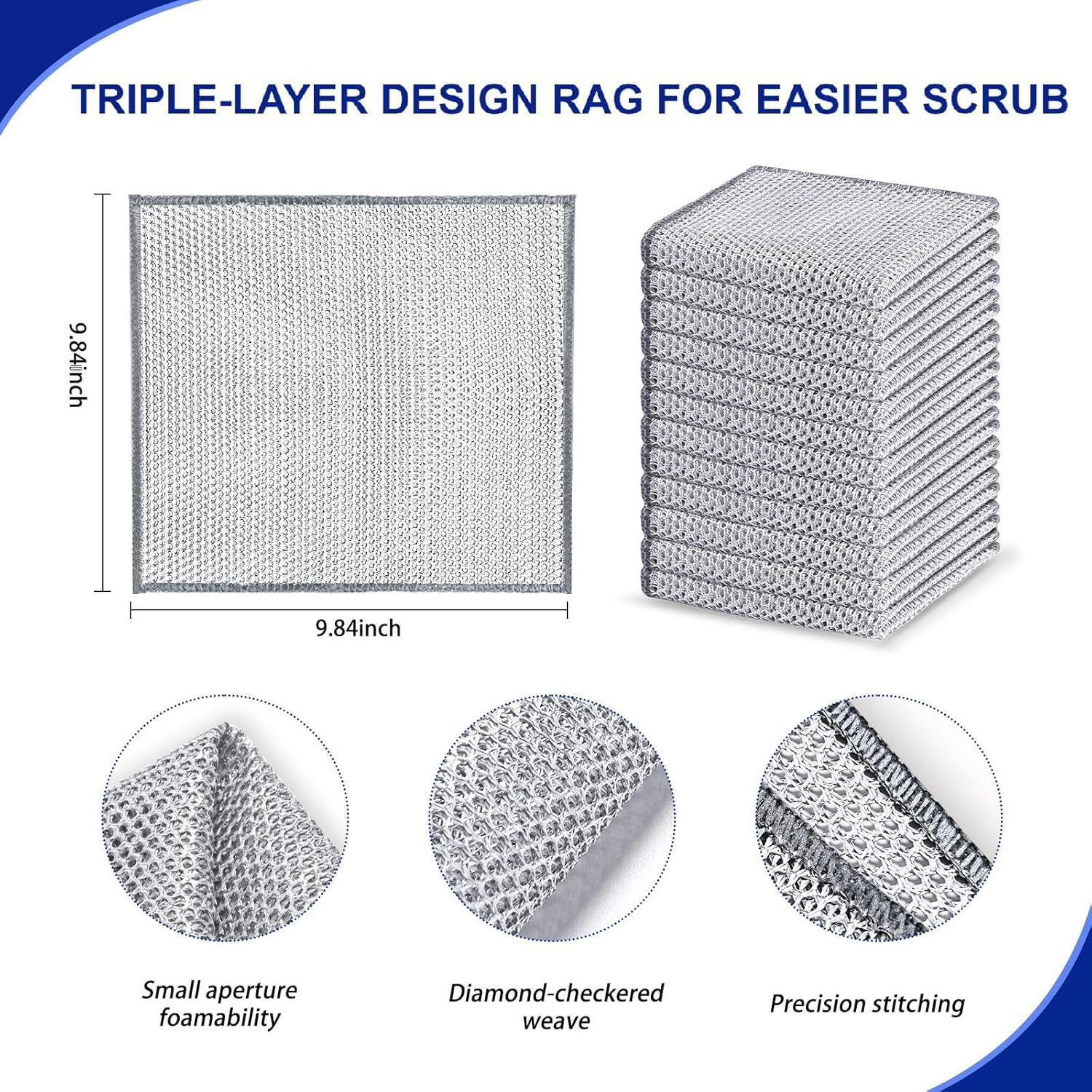 12 PCS 3-Layer Non-Scratch Multipurpose Steel Wire Dishcloths - Reusable Quick-Dry Odor-Free Scrub Cloths for Dishes, Kitchen Cleaning Cloths for Cookware, Sinks, Stove Tops(9.84X9.84)