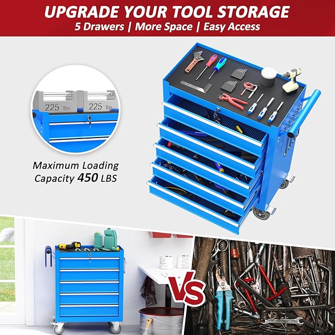 5-Drawers Rolling Tool Box with Wheel,Tool Chest with Wheels, Rolling Tool Box with Locking System, Tool Box with Organizer for Garage, Warehouse, Workshop (Blue, 5 Drawers)