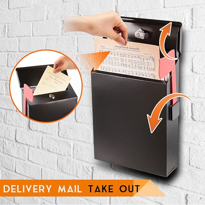 Tandefio 1 Pcs Wall Mount Mailbox with Red Mailbox Flag Reflective Sticker Keys Outdoor Steel Rustproof Lock Post Boxes Outdoor, 11.4 x 8.7 x 2.6 Inches, Black