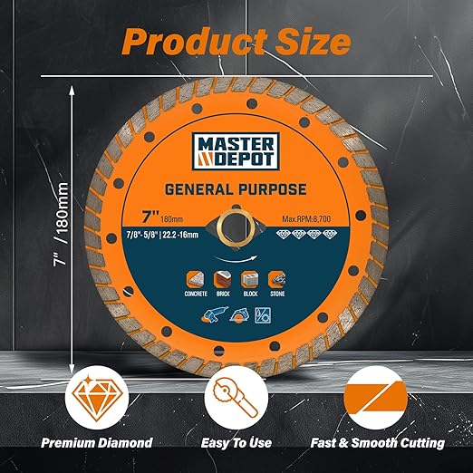 7 Inch Diamond Cutting Blade, Turbo Rim for Angle Grinder Circular Saw Cutter Wheel Dry Wet for Masonry/Concrete/Brick/Stone, 7/8"-5/8" Arbor (180mm, 3 PCS)