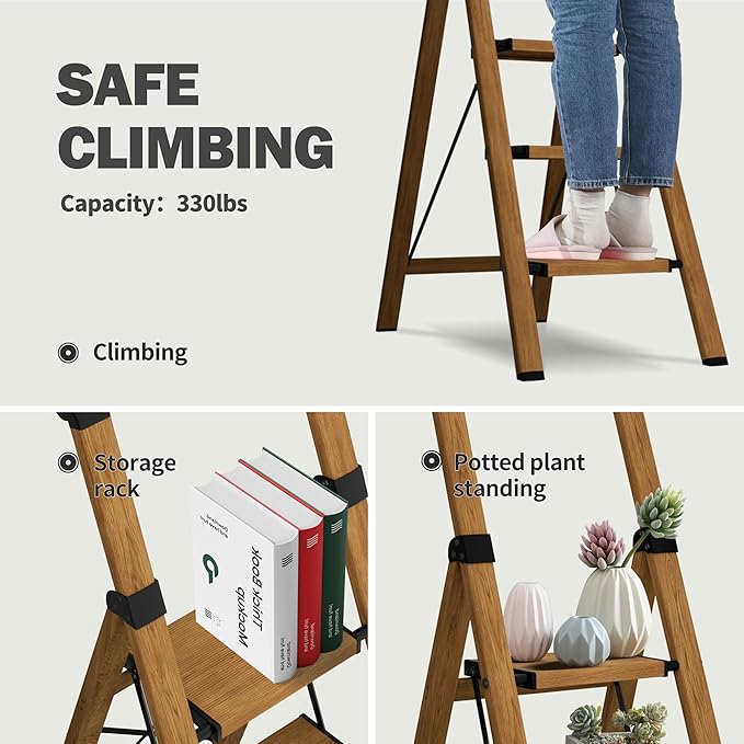 4 Step Ladder,Lightweight Folding Step Stool with Aluminum Wide Pedal& Convenient Handgrip,330lbs Capacity Steel Ladder for Household and Office(Woodgrain)