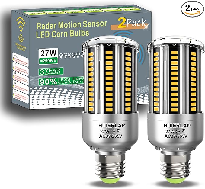 Radar Motion Sensor Light Bulbs A19 250W Equivalent AC85-265V 27W Motion Detector Auto Activated Dusk to Dawn Security Outdoor Porch Lights LED Bulb Warm White 3375LM E26/E27 (2 Pack)