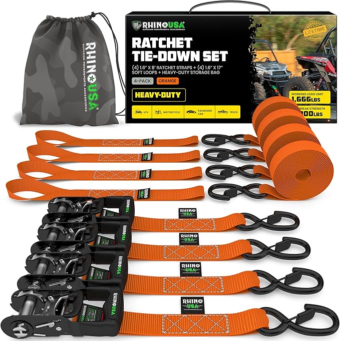 Rhino USA Ratchet Straps Heavy Duty Kit (4-Pack) - 1.6 Inch x 8 Feet (5,208lb Break Strength) - Ultimate Tie Down Straps with Safety S Hooks for Trucks, ATV, UTV, Motorcycle, Cargo & More - Orange