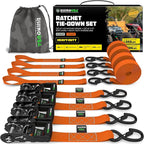 Rhino USA Ratchet Straps Heavy Duty Kit (4-Pack) - 1.6 Inch x 8 Feet (5,208lb Break Strength) - Ultimate Tie Down Straps with Safety S Hooks for Trucks, ATV, UTV, Motorcycle, Cargo & More - Orange