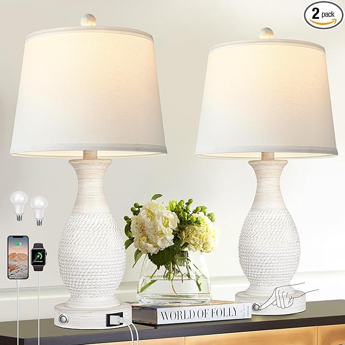 PARTPHONER Set of 2 Table Lamps with USB C+A Fast Charging Ports, 26" Tall Farmhouse Living Room Lamp with 3-Way Dimmable Nightstand Lamp White Fabric Shade for Living Room Bedroom Home Office