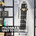 KINGRACK Folding 5-Step Ladder, 800 lbs Capacity Step Stool with Safety Lock, Tool Tray, Non-Skid Wide Steps, Handrail, Household Folding Ladder for Home, Garden, Painting, Outdoor, and Garage, White