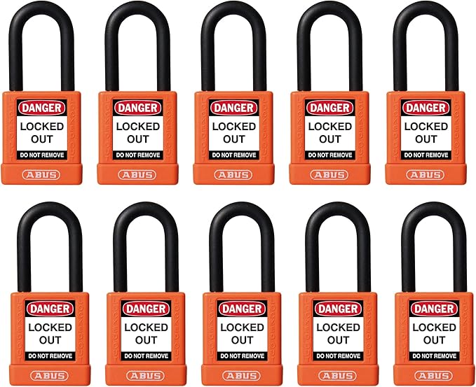ABUS Orange Pack of 10 Lockout Tagout Premium Solid Body Safety Padlock Set - OSHA Compliant Loto Locks Insulated Against Electric Shock, Keyed Different, 1 Key Per Lock