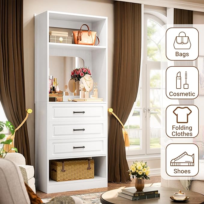 Unikito 25”Freestanding Closet System with 3 Drawers, Closets Organizer Wardrobe with Storage Shelves and Mirror, Sturdy Wood Walk-in Closet Systems for Small Closets, 25" W x 16" D x 80" H, White