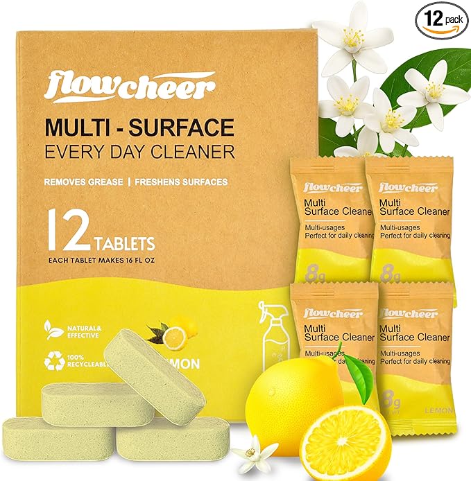 All Purpose Cleaner Concentrate Refills, Multi Surface Clean Refill,No Toxic Cleaning Tablets(12Pack)-Makes 192 fl oz(12x16Fl oz)Bottles of Spray Cleaner for Household&Kitchen Cleaning-Lemon