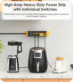 CCCEI Heavy Duty Surge Protector Power Strip 20 Amp Individual Switches. 4FT 12 Gauge Extension Cord with Multiple Outlets. Kitchen, Garage, Shop, Industrial Wall Mount Electric Extender, Yellow.