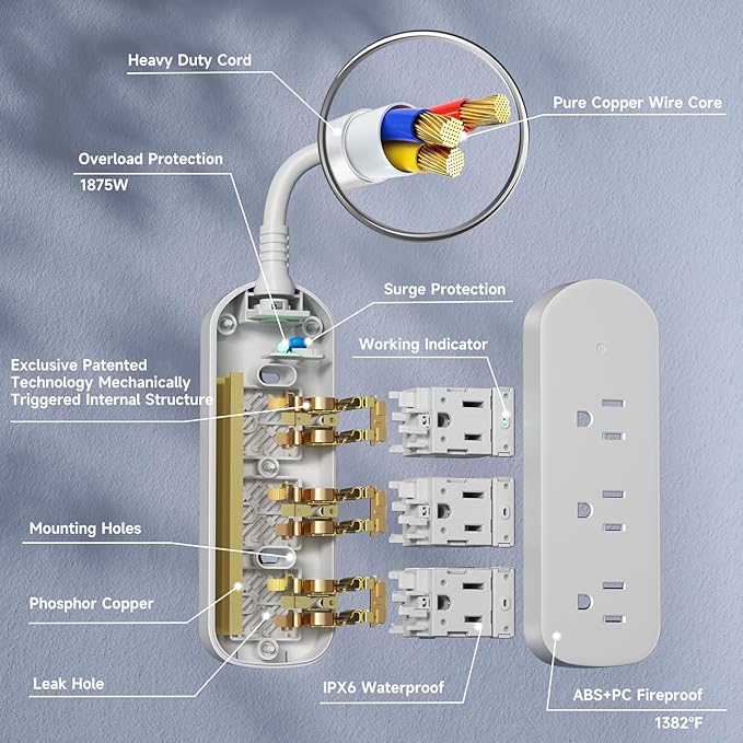 Short Extension Cord, 3 Outlets 3ft Extension Cord, 1875W Weatherproof Small Surge Protector, Mountable Small Extension Cord for Home, Outdoor, Travel.