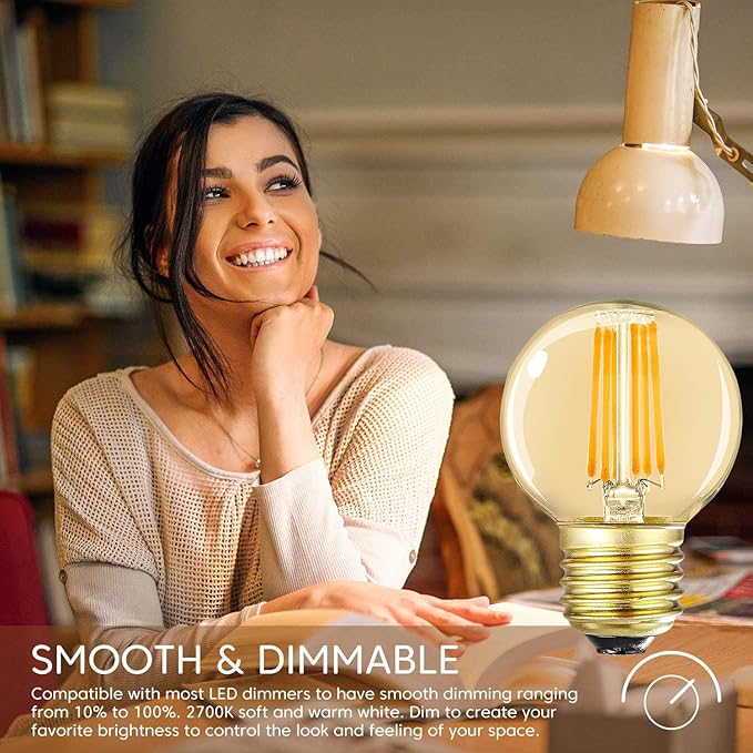 LEOOLS Dimmable G16.5 LED Bulbs,E26 Edison LED Light Bulbs,6W Equal 60 Watt Light Bulb,600lm,Amber Warm White 2700K,Globe Light Bulb for Pendant,Vintage LED Filament Edison Bulb With Decorative,6Pcs