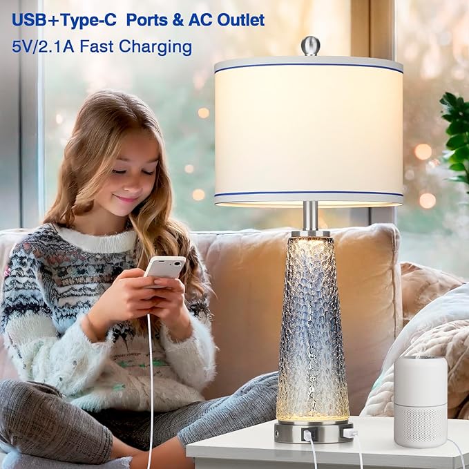 Coastal Glass Table Lamps for Living Room, 26" Table Lamps with USB A+C Ports & AC Outlet, Touch Control Bedside Nightstand Lamp with Crystal Night Light for End Table Office Desk Blue(Bulbs Included)