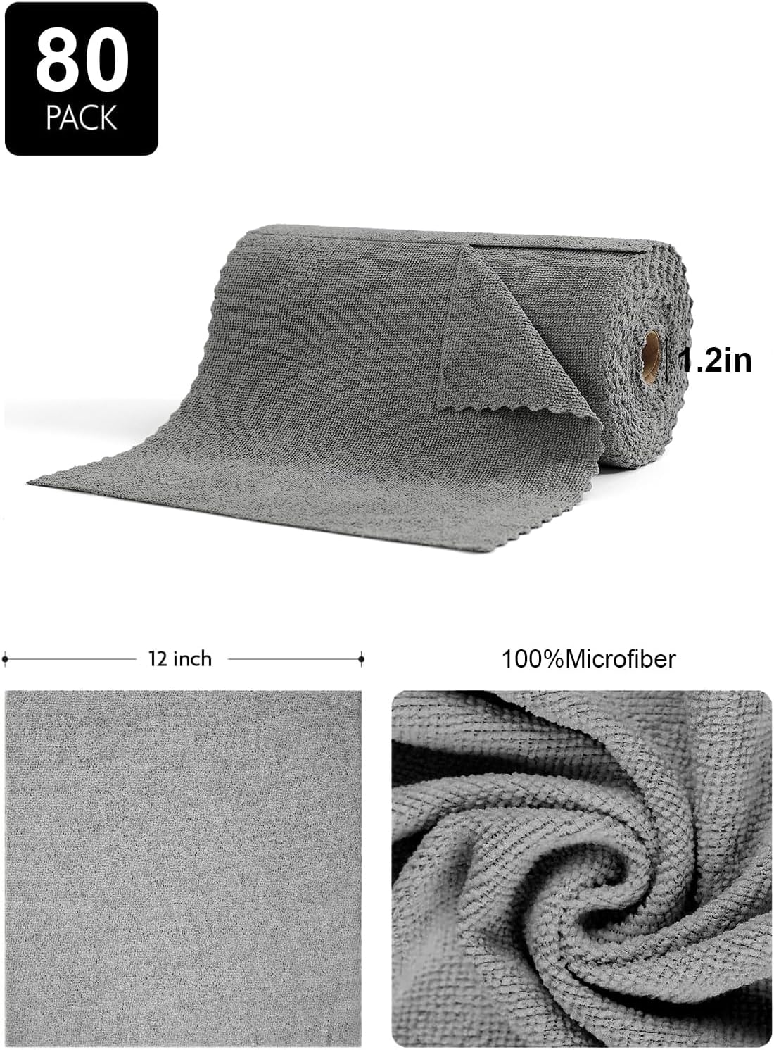 80 Pack Microfiber Cleaning Cloth Roll,Lint Free Rags & Tear Away Reusable Towels Washable Scratch,Ultra Absorbent Dish Rags(12" x 12") for Car Kitchen Home Garage-Dark Gray