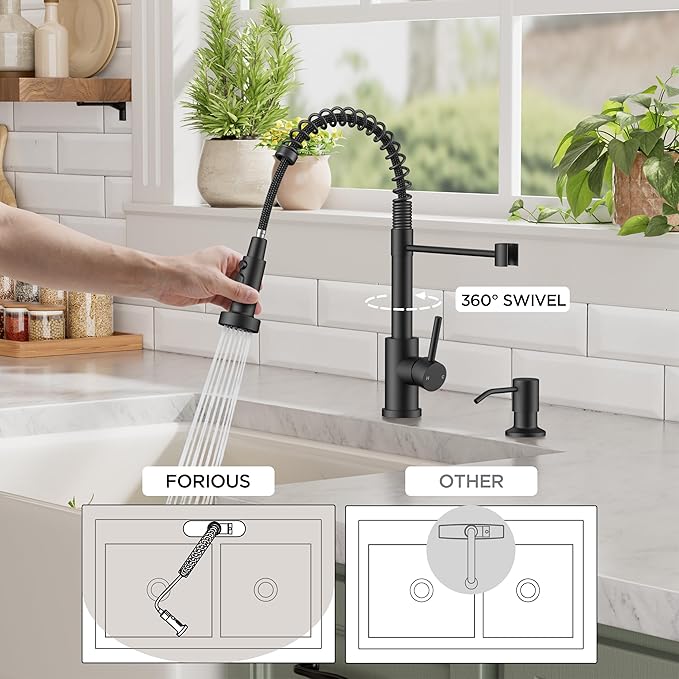 FORIOUS Kitchen Faucets with Sprayer, Stainless Steel Bar Sink Faucet Single Handle with Deck Plate, Commercial Pull Out Faucet for Kitchen Sink, Marine Boat Deck, Laundry Bar RV Camper