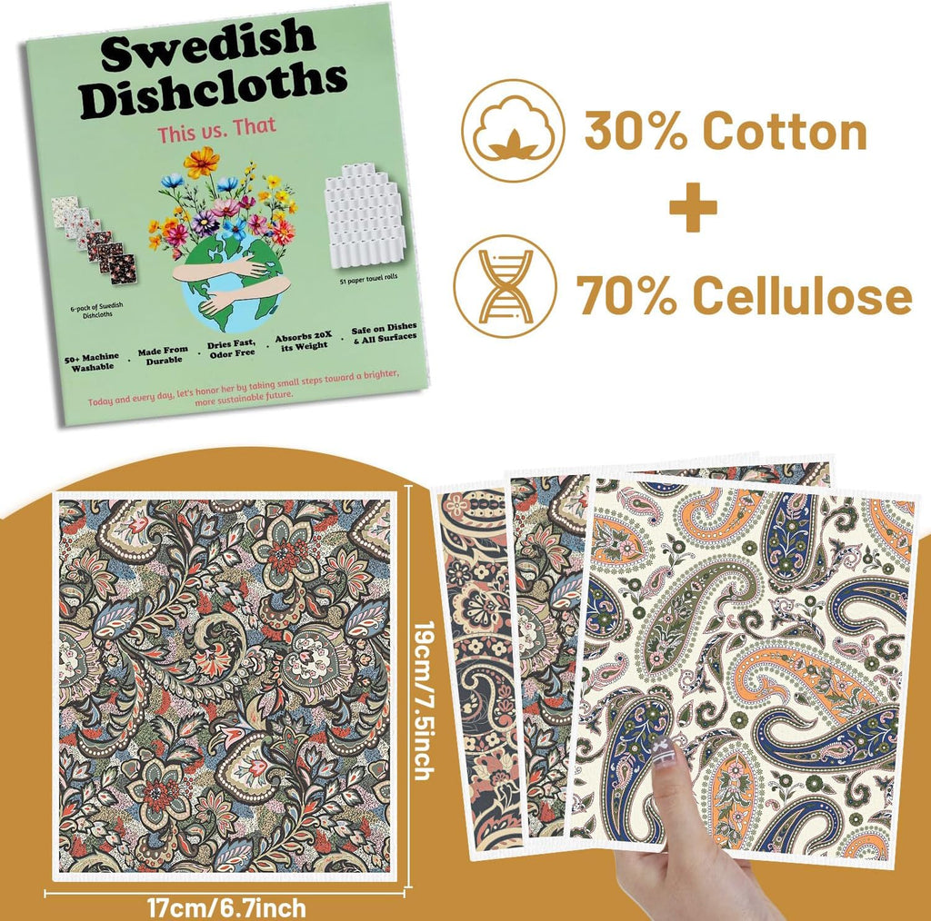 Swedish Dishcloths for Kitchen, 6 Pack Vintage Reusable Dish Paper Hand Towels Housewarming Gifts, Absorbent Dish Rags Decoration for Home Cooking Cleaning