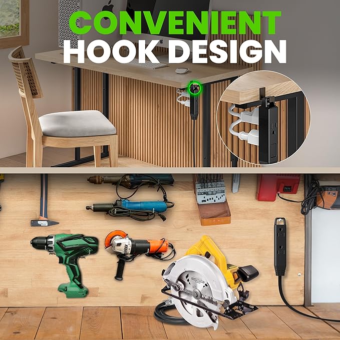 GEARit 360 Rotating Flat Plug Extension Cord (6ft, Black) Multi 3-Outlet Extension 16 AWG Wire, Adapter for Small Spaces, Right Angle Socket, ETL Certified - 6 Feet