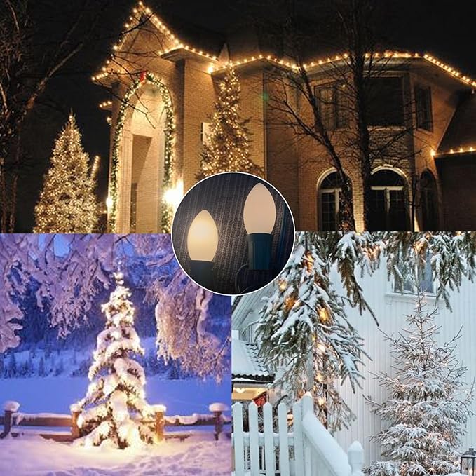 SUNSGNE 25 Pack C9 Incandescent Christmas Light Bulbs, 7 Watt Night Light Bulbs for Outdoor String Lights, Candle Lamps, Night Lights, White, E17 Intermediate Base